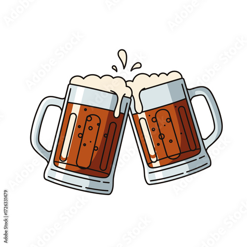 Two beer mugs clinking together in a celebratory toast with frothy beer spilling out, creating a festive illustration