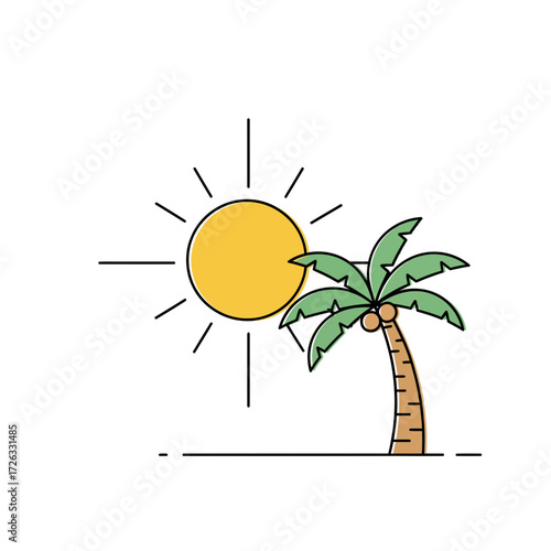 Sunny tropical beach scene illustration with palm tree and bright sun for summer vacation vibes