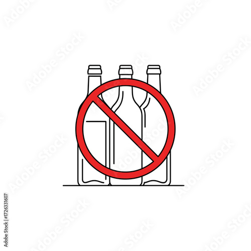 Prohibition sign over three alcohol bottles, indicating ban on alcoholic beverages and related health issues and regulations