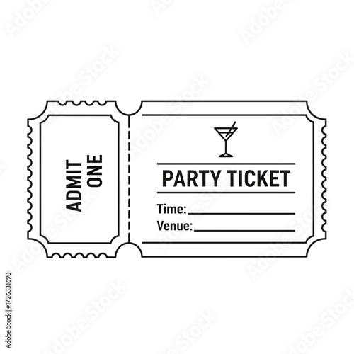 Outline party ticket illustration with cocktail glass icon and space for time and venue details, ready to admit one