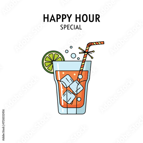 Happy hour special cocktail with ice cubes and lime slice, vector illustration for promotion and advertising