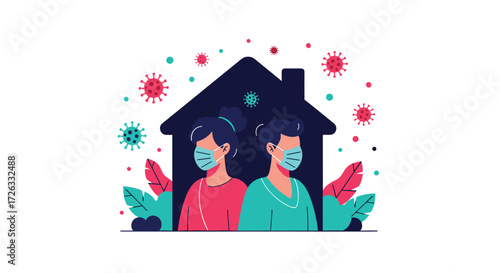 Illustration of people staying indoors wearing face masks to prevent spreading the virus.