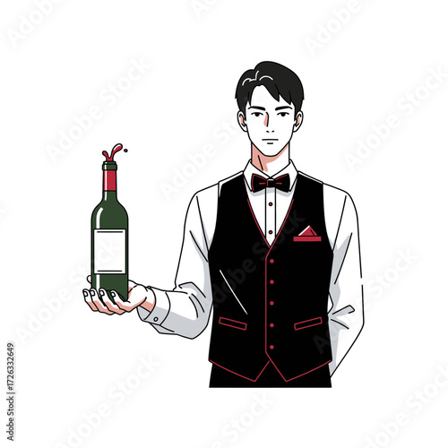Elegant waiter in formal attire holding a wine bottle with a spill vector illustration, presenting impeccable service and sophistication