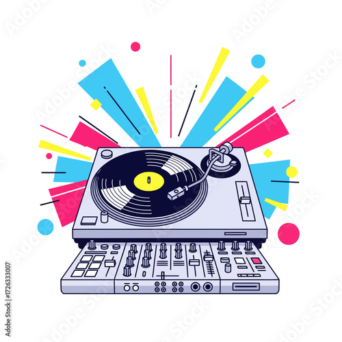 Colorful illustration of a DJ turntable with vinyl record and mixer for music creation and performance