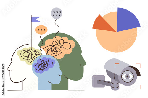 Profiles of human heads with tangled lines, speech bubbles, a camera with focus lines, and a pie chart. Ideal for psychology, decision-making, surveillance, strategy, brainstorming innovation