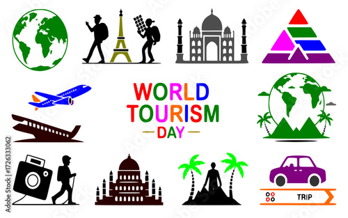 World Tourism Day Vector Set – 10 Black Silhouette Travel and Tourism Illustrations with Landmarks, Globe, Airplane, Backpacker, and Holiday Symbols
