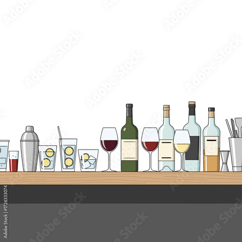 Bar counter full of alcohol drinks in bottles and glasses ready to serve customers and enjoy a night out