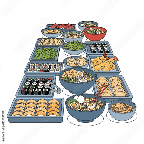 Abundant Asian buffet showcasing sushi, ramen, gyoza, edamame and tempura tempting diverse culinary experience with vibrant colors and detailed vector illustration