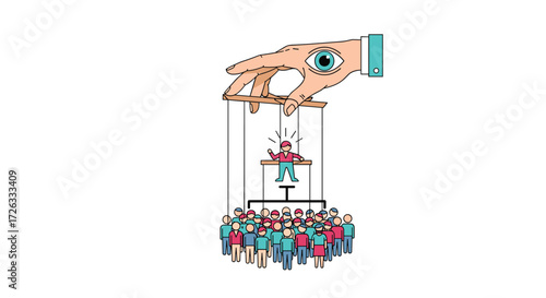 The illustration depicts a large hand with an eye at its center controlling a puppet master who in turn manipulates a group of people from above.