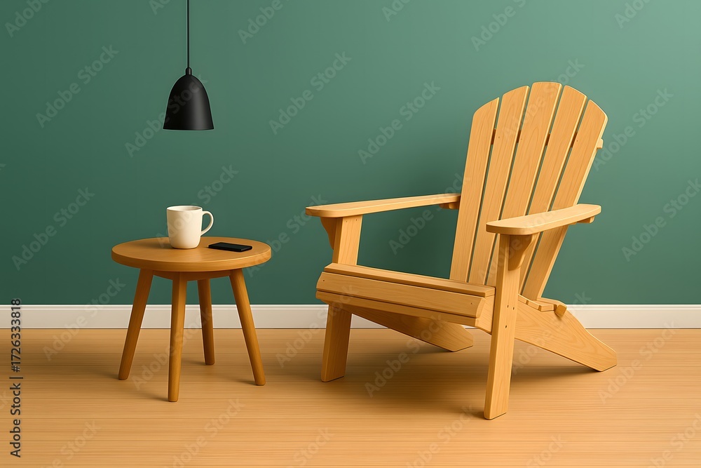 Fototapeta premium Yellow wooden armchair beside a round wooden table with coffee cup and smartphone in cozy minimalist living room interior – Scandinavian modern home decor, warm lighting and calm atmosphere