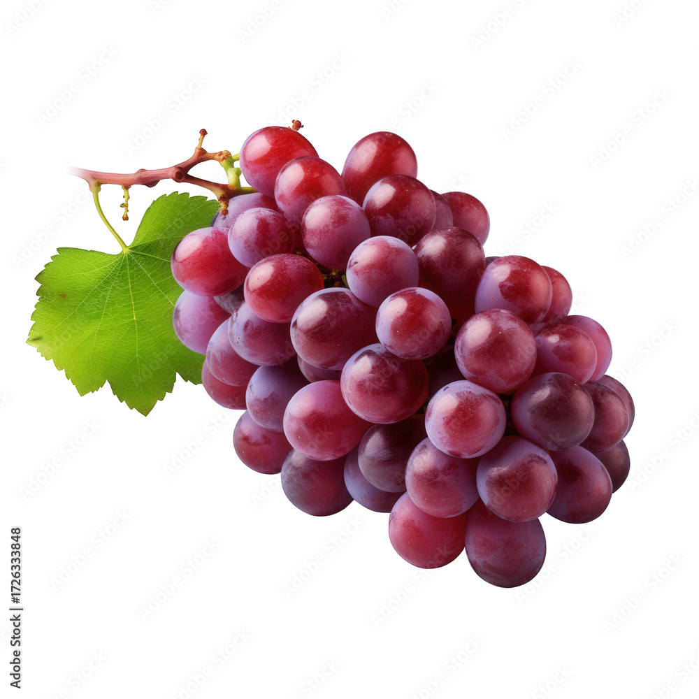 Fototapeta premium A ripe bunch of red grapes with a green leaf, isolated on a transparent background, showcasing the natural beauty and freshness of this healthy fruit, perfect for foodrelated projects and designs