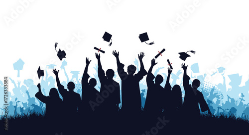 A group of graduating students are celebrating their achievements by throwing their caps in the air.