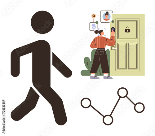 Person uses facial recognition to unlock a secure door walking figure and connected nodes emphasize movement, technology, and connection. Ideal for security, technology, innovation, privacy
