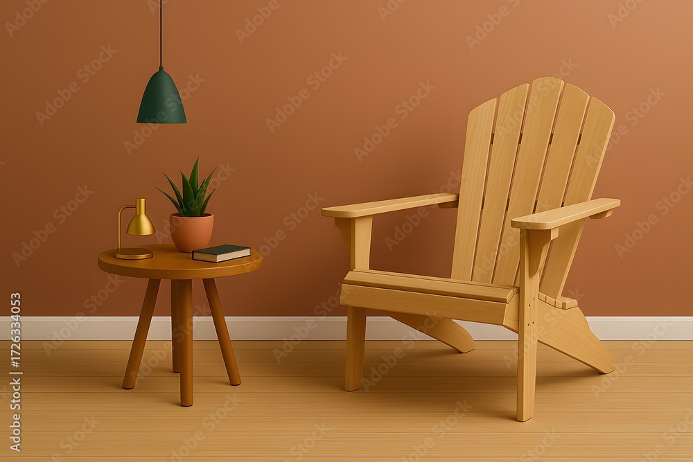 Fototapeta premium Light wooden armchair beside a round table with potted plant, lamp, and book in cozy minimalist living room interior – warm earthy tones, Scandinavian modern furniture and home decor