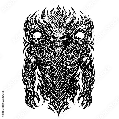 Dark Demon Skull Tribal Tattoo Design, Black and White Full Back Symmetrical Abstract Pattern with Flames and Ornate Details