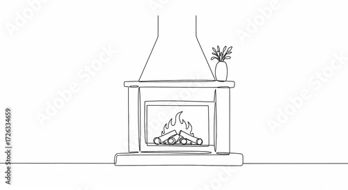 Fireplace illustration with logs and plant in minimalistic line art style on white background with copy space