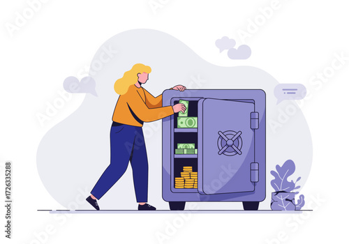 Woman placing money and gold into open safe. Suitable for finance concepts, security, savings.