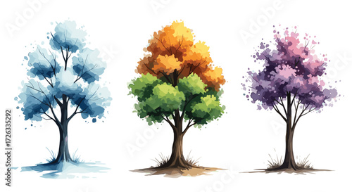 A triptych of trees each displaying a different distinct season or color palette.