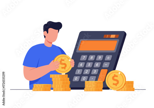 Financial illustration of a man stacking coins with a calculator, ideal for finance, savings, budgeting concepts in presentations, articles.
