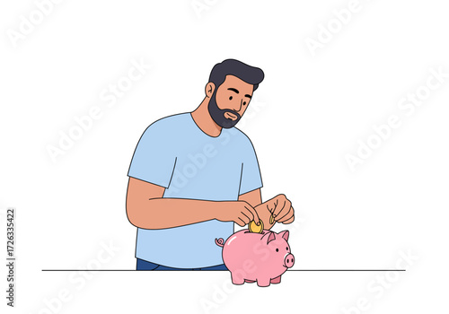 Man saving money by depositing a coin into a piggy bank. Financial planning, savings, banking, money management, investment, budgeting concepts.