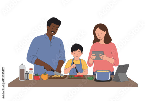Family cooking together at home using online recipe. Suitable for websites, blogs, social media posts, and cookingrelated content.
