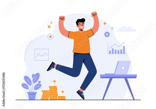 Joyful man jumps near laptop, money, and charts. Suitable for business success, financial growth concepts in presentations, marketing materials.