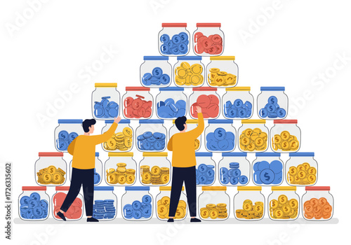 Two individuals extend arms towards a vibrant array of coinfilled jars stacked in a pyramid perfect for finance or saving concepts. 