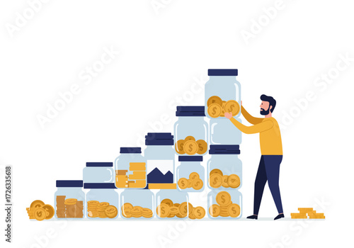 Man stacking jars of gold coins to create a growth chart suitable for financial concepts and investment themes.  