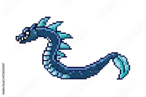 Sea Serpent Pixel Art Boss Sprite. Colossal Aquatic Dragon for Ocean RPGs
