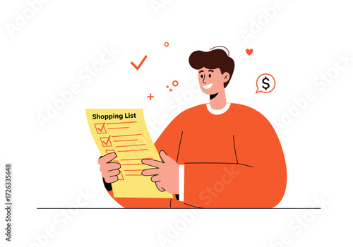 Cheerful man checking grocery list with icons. Suitable for food shopping, meal planning, budgeting, and organizationthemed projects.