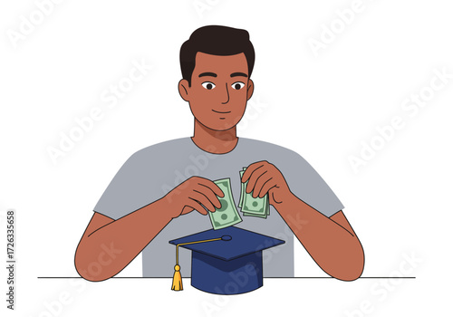 Man counting cash on a graduation cap for educational funding. Suitable for finance, scholarships, education, savings, investing concepts.
