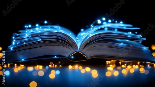 Open book with glowing blue lights, illuminated by a soft bokeh of golden lights