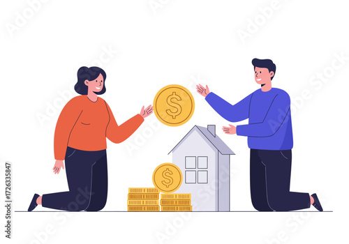 Two partners invest in a small home symbolizing financial growth. Suitable for financial concepts and investment themes 