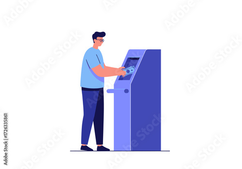 Man using an atm to withdraw money. Perfect for financial services, banking websites, security illustrations, and cashless transactions concepts.