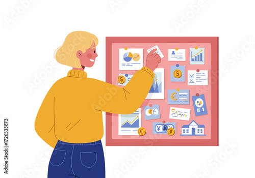 Woman posting charts and graphs on a pink bulletin board happily suitable for office presentations and educational materials.