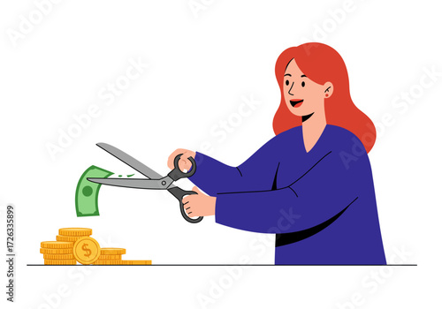 Efficient redhaired woman uses scissors to cut money. Suitable for financial, budgeting, savings, and costcutting concepts in design projects.