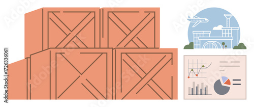 Wooden crates stacked for transportation, airport in the background, analytics panel featuring graphs and charts. Ideal for logistics, shipping, analytics, supply chain, export, warehouse global