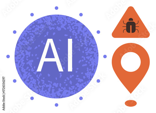Blue circle with AI text, orange bug warning triangle, and location pin. Ideal for technology, innovation, data analysis, problem-solving, cybersecurity software and development discussion. Simple