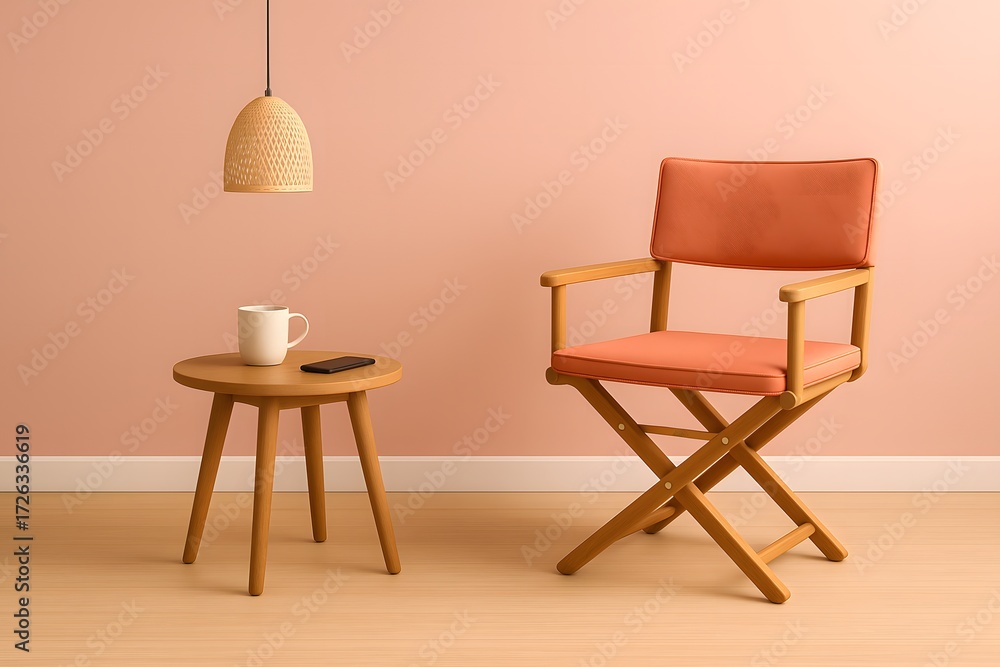 Fototapeta premium Orange director’s chair beside a wooden table with coffee cup and smartphone in cozy minimalist living room interior – Scandinavian modern furniture, pastel tones, stylish home decor