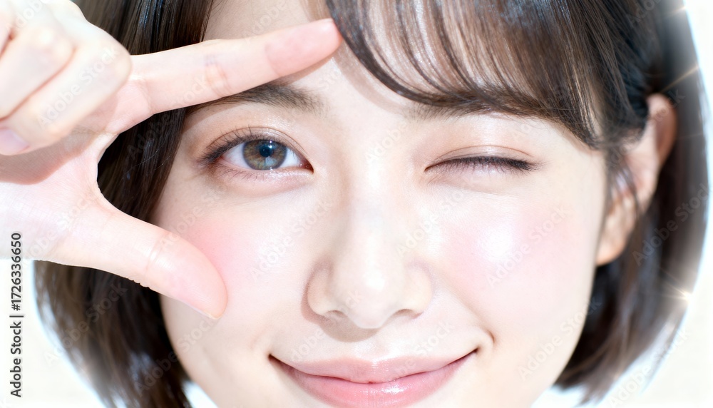 Naklejka premium 指でフレームを作りウインクする女性