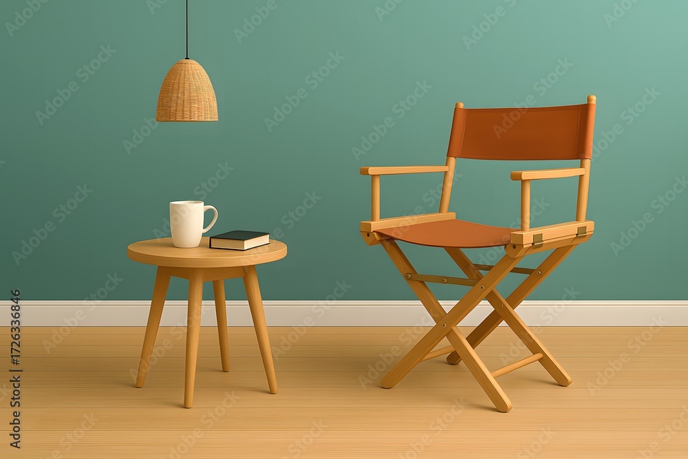Fototapeta premium Brown director’s chair beside a wooden table with coffee cup and book in cozy minimalist living room interior – Scandinavian furniture, teal wall background, modern stylish home decor