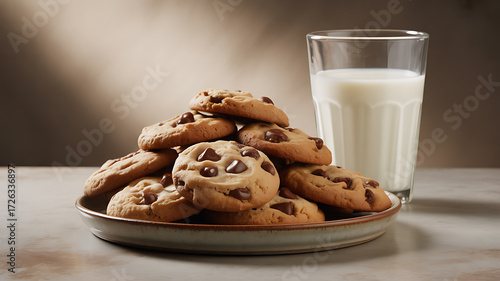 A plate of chocolate chip cookies with a glass of milk on a table