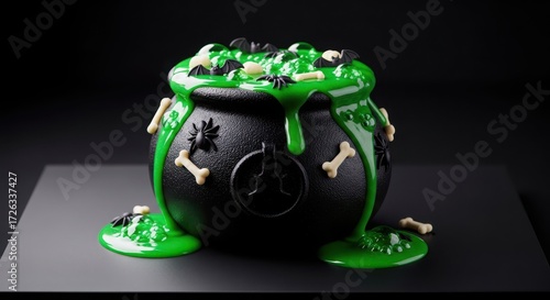 A spooky black cauldron overflowing with bubbling green slime and bone decorations, ideal for halloween
