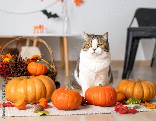 A white-and-tabby cat poses indoors among several orange pumpkins, pinecones, and red berries