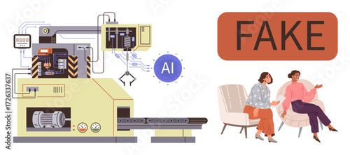 Automated AI machine generating fake materials, marked as FAKE, while two women engage in discussion. Ideal for technology ethics, artificial intelligence, misinformation, debate, automation