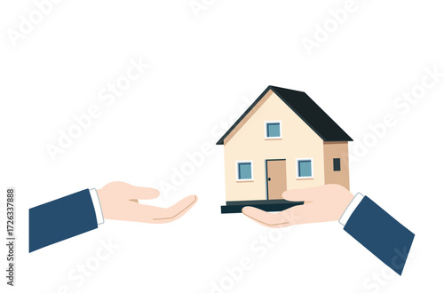 Vector illustration of hand handing over a house, front view, real estate business, buy and sell property. 家を手渡す手,  正面図, 不動産ビジネス, 不動産売買のベクターイラスト