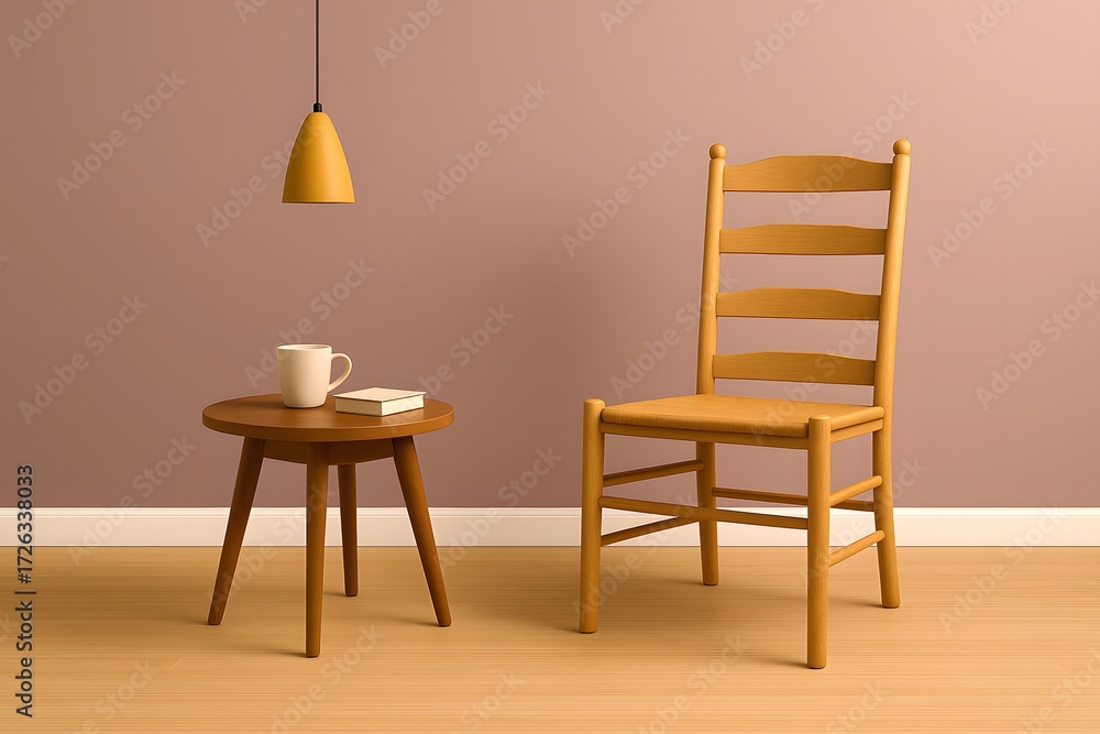 Obraz premium Light wooden ladder-back chair beside a round table with coffee cup and book in cozy minimalist living room interior – Scandinavian furniture, warm neutral tones, stylish home decor