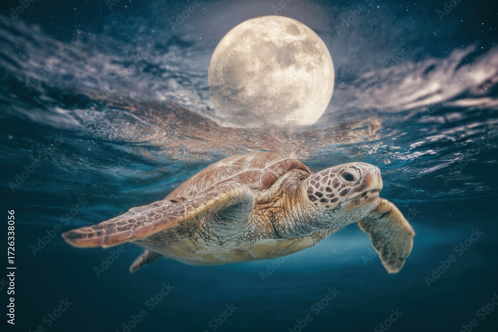 Obraz premium Premium high-quality surreal sea turtle underwater with luminous full moon backdrop, inspiring modern travel and adventure marketing for Gen Z social campaigns