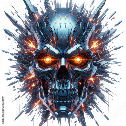 dark futuristic crystalline metallic style artwork of skull head, isolated on white, 3d digital illustration