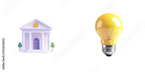 3D bank building and light bulb icons, isolated on white background, business idea and finance concept, 3D vector illustration